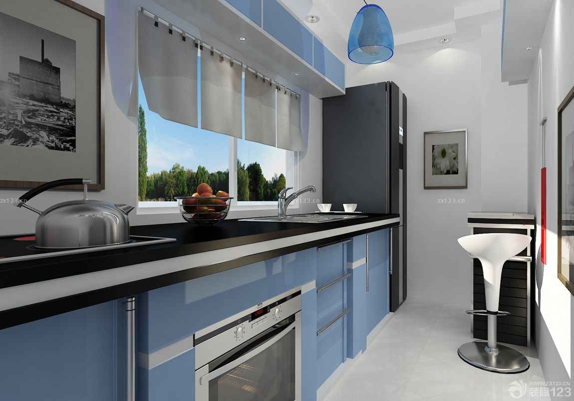 小厨房蓝色橱柜装修设计效果图片