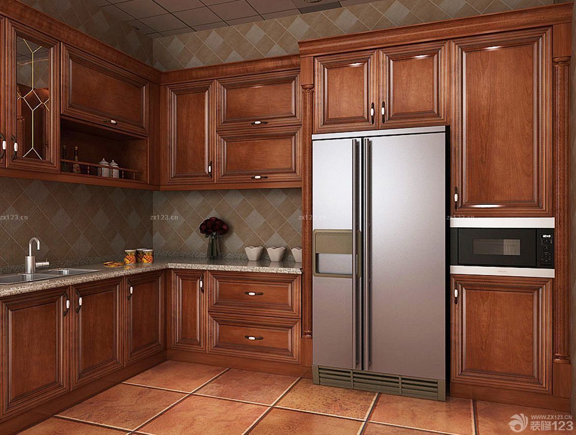 美式厨房实木橱柜设计效果图 – 设计本装修效果图