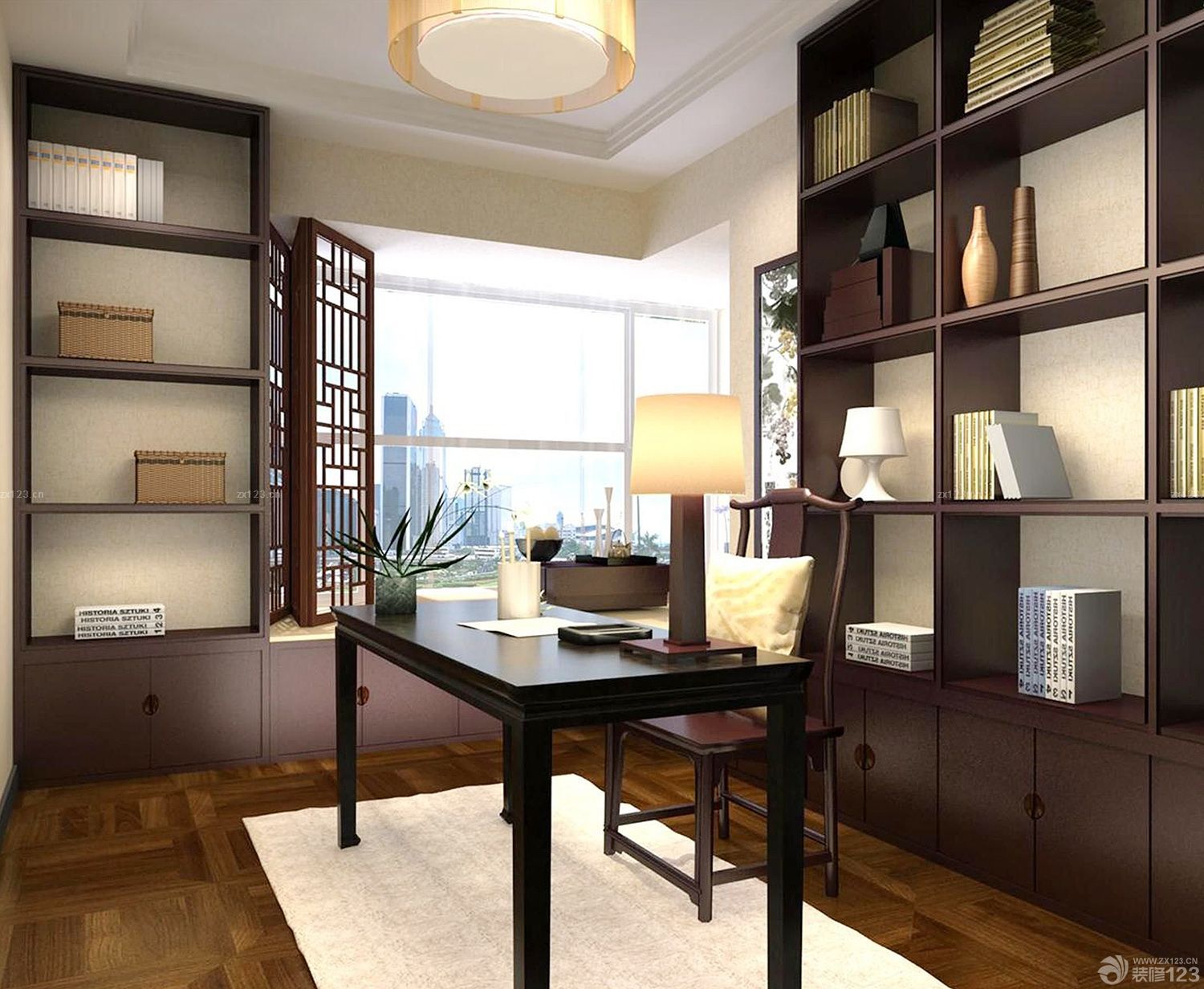 新中式书房家具布置装修图片_设计456装修效果图