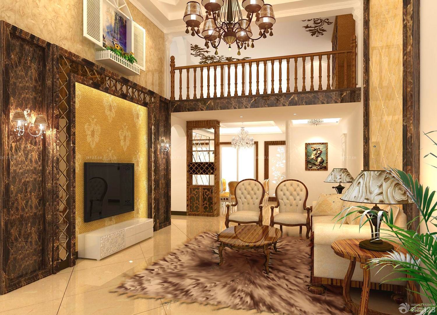 美式复式楼电视背景墙壁纸装修效果图片