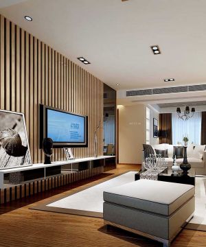 现代客厅木质电视背景墙面装修效果图片