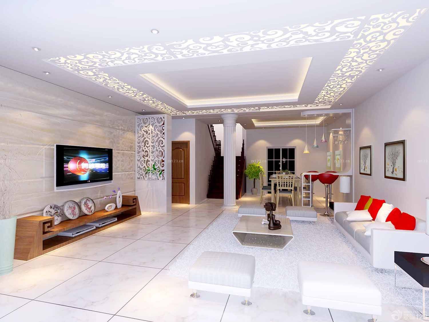 现代客厅雕花吊顶装修效果图片