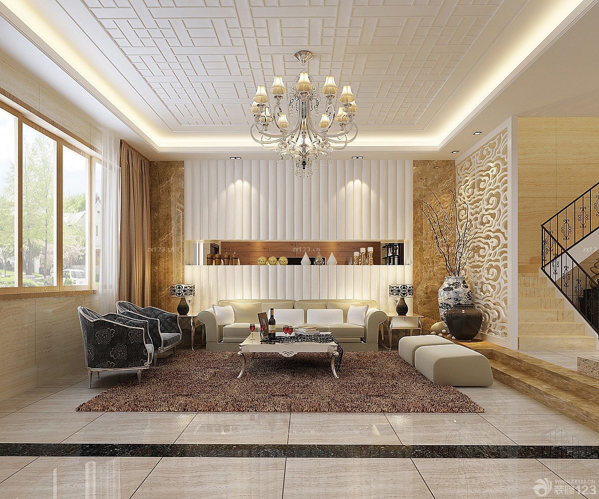 欧式新古典客厅雕花板吊顶效果图