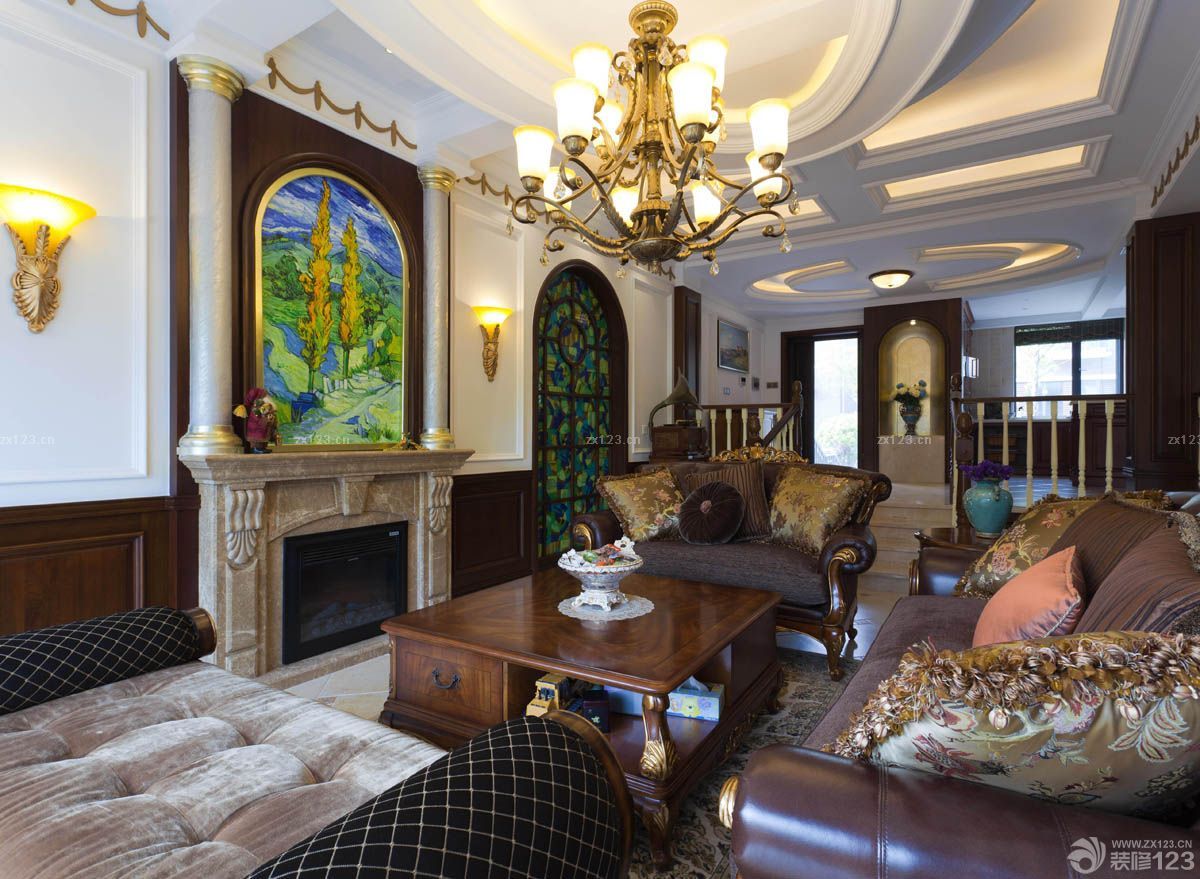 客厅背景墙效果图 美式别墅装修效果图