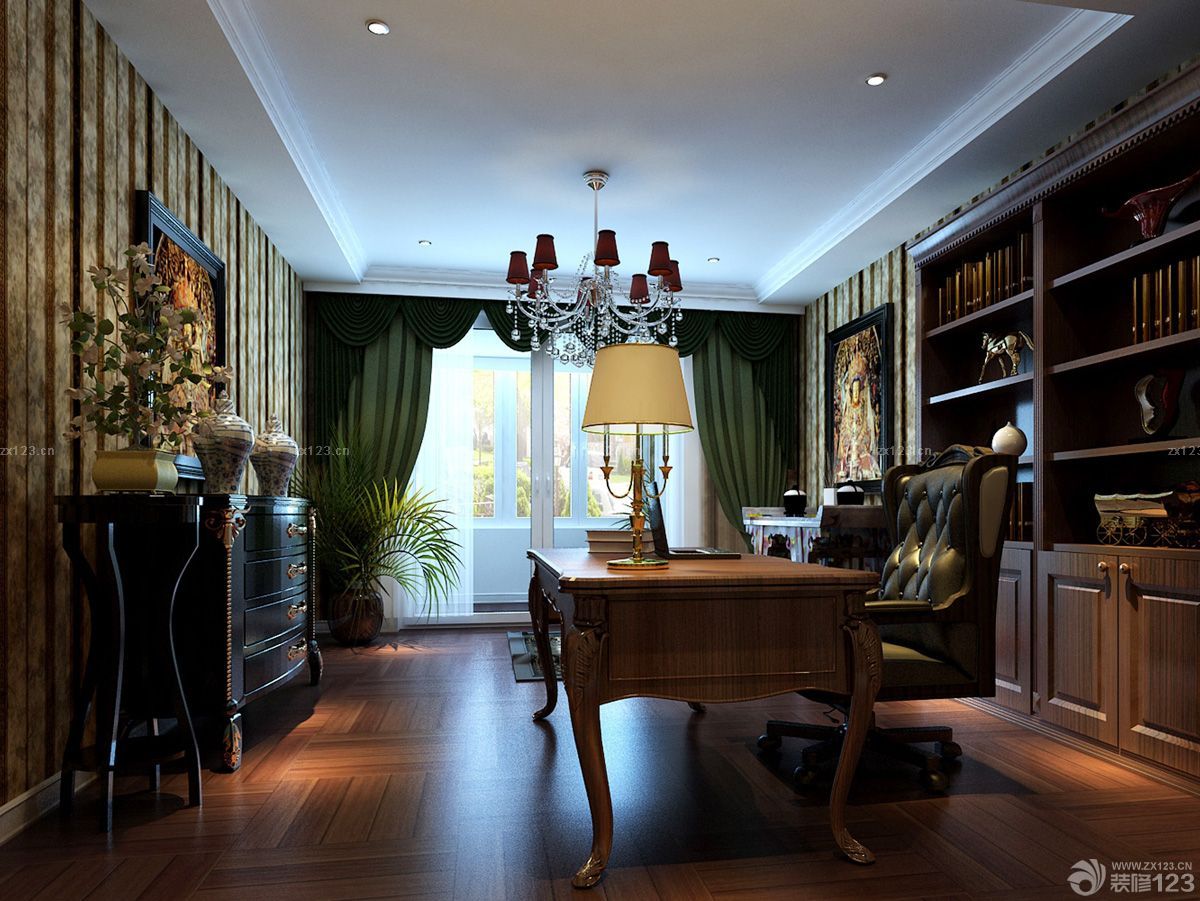 美式家居风格120平米房子绿色窗帘装修效果图片