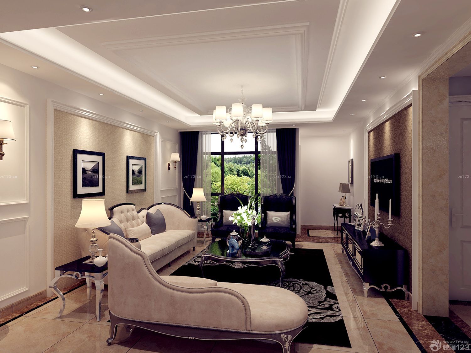 欧式古典风格90平两室一厅装修效果图