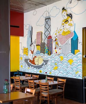创意酒吧式快餐厅手绘墙画装修效果图