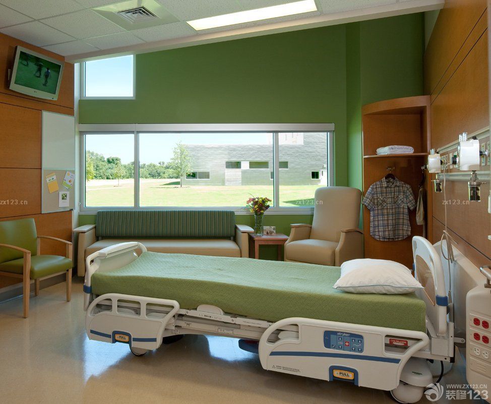 医院单人病房绿色墙面装修效果图片