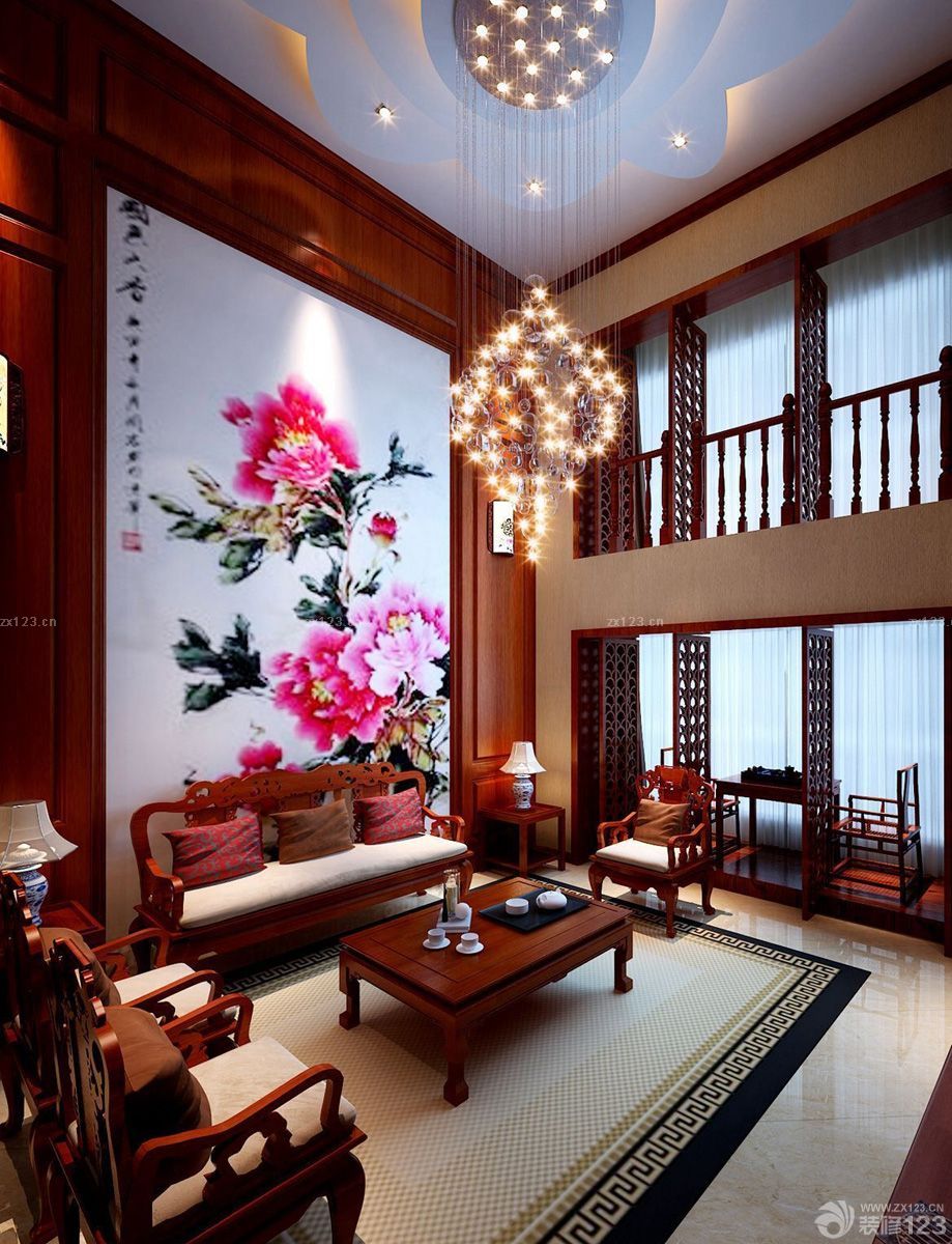 中式风格复式楼客厅装修效果图片