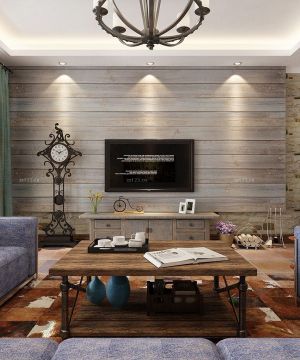美式客厅木质背景墙装修效果图片