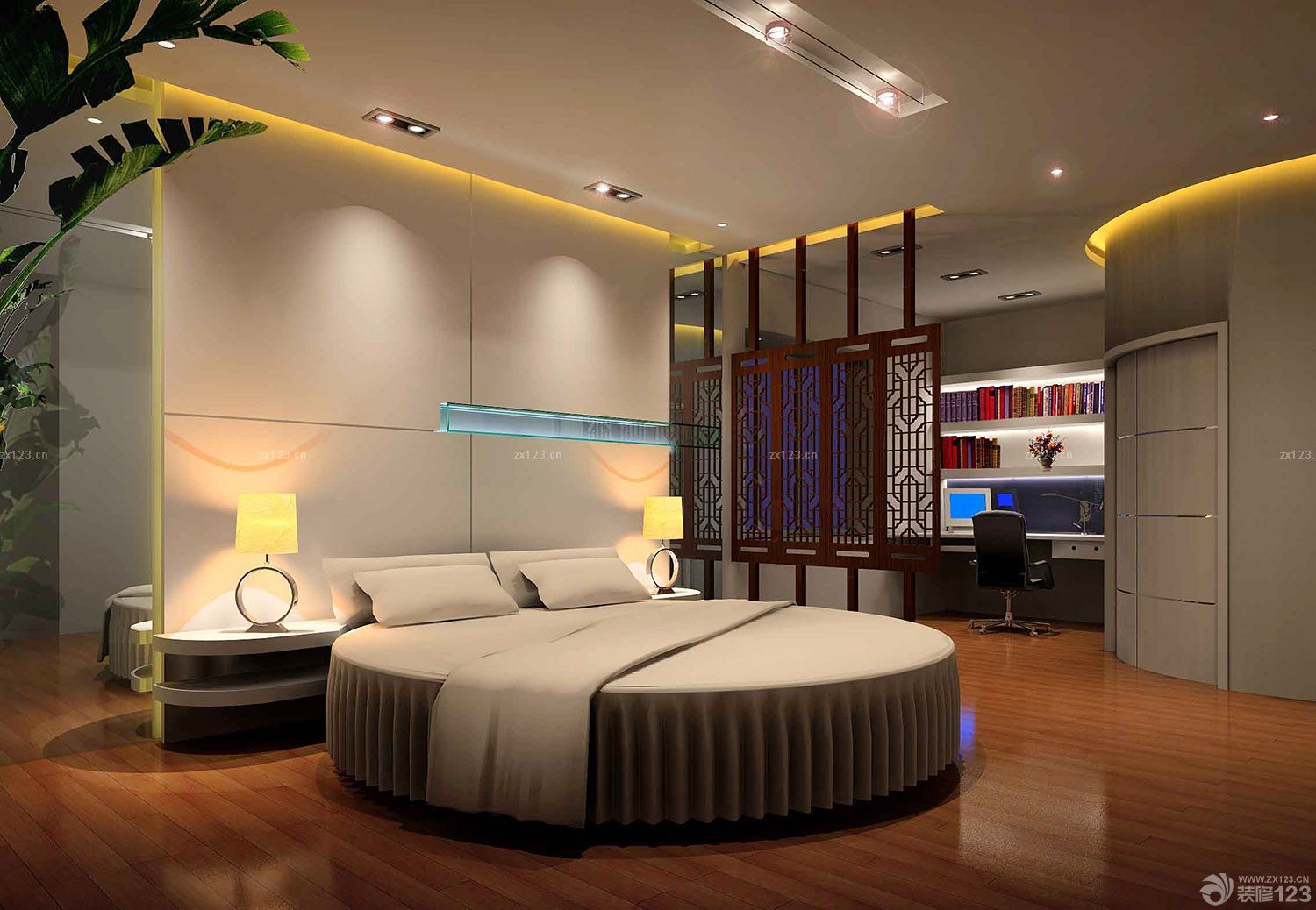 现代中式卧室镂空隔断设计效果图