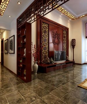中式家装客厅木质背景墙装修效果图片