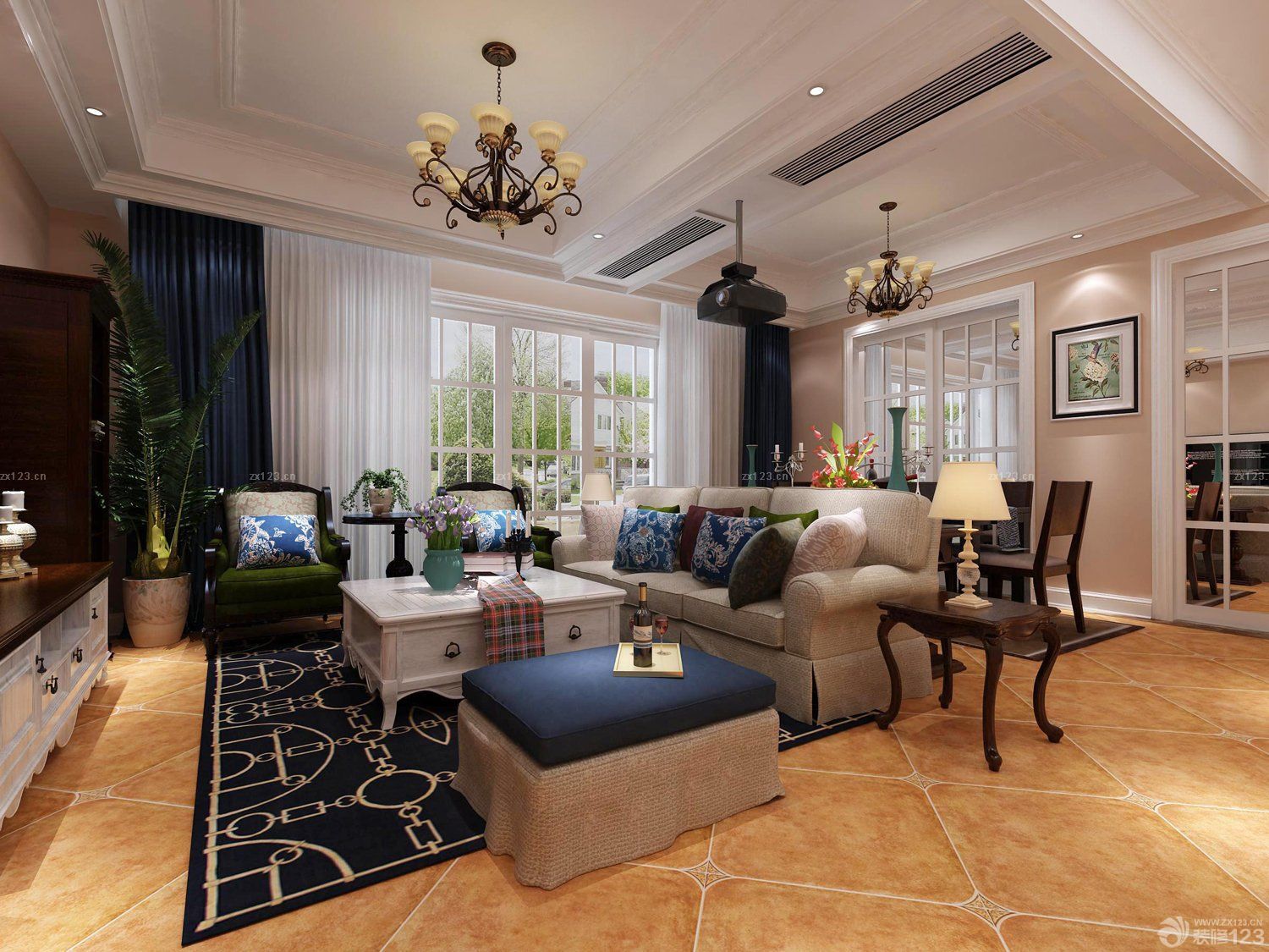 客厅蓝色窗帘装修效果图片