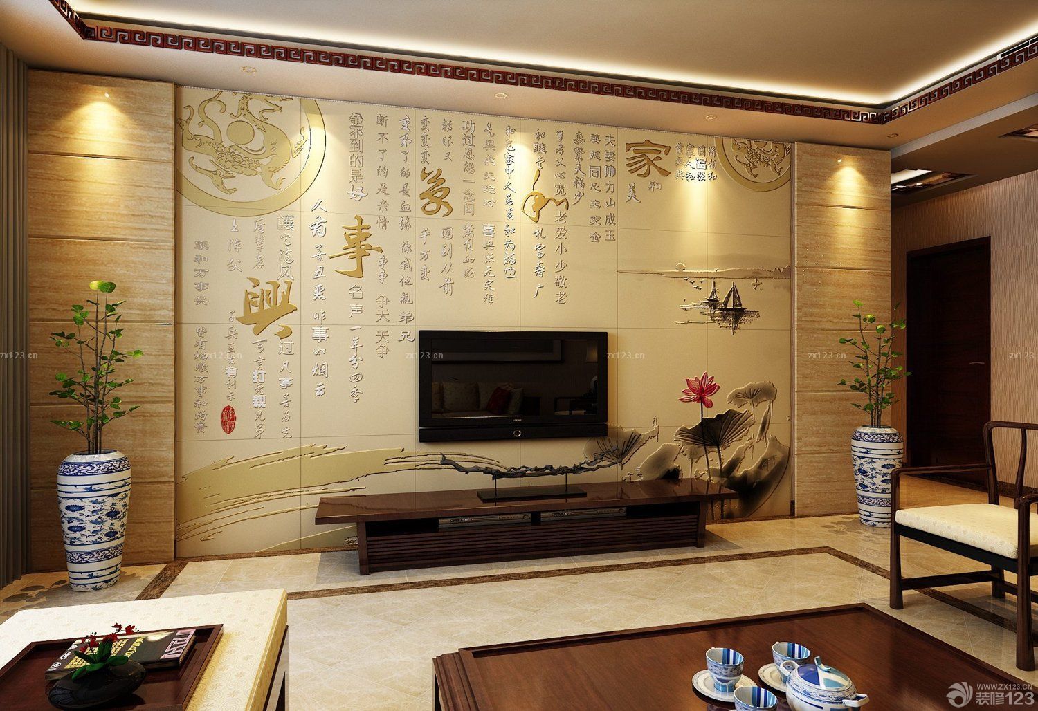 新中式风格小平米客厅电视背景墙装修效果图- 中国风