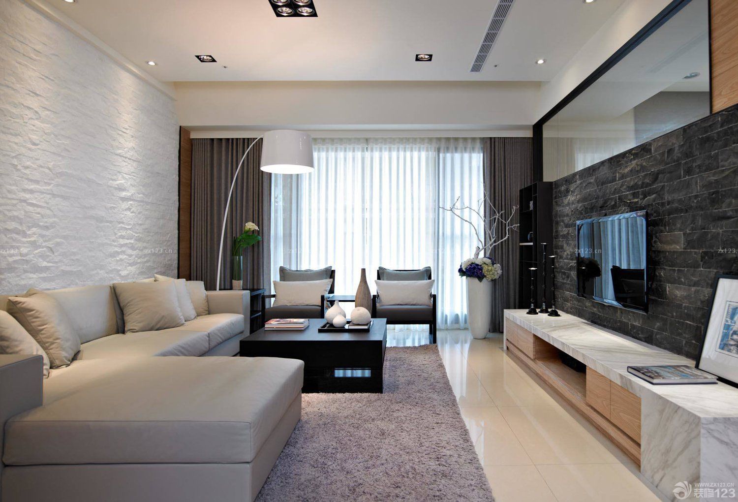 现代简约客厅石材电视墙装修效果图