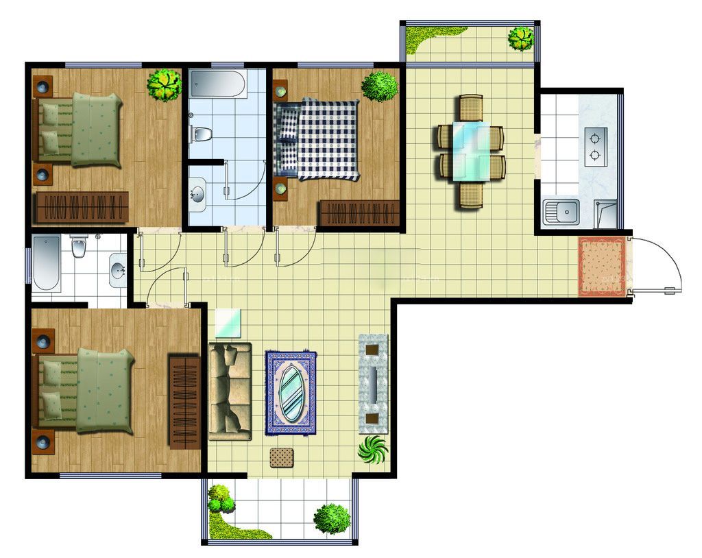 70平米小户型三室两厅简装平面图