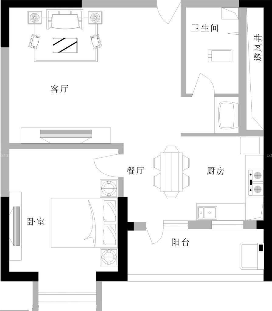 60平米小户型一室两厅装修设计平面图