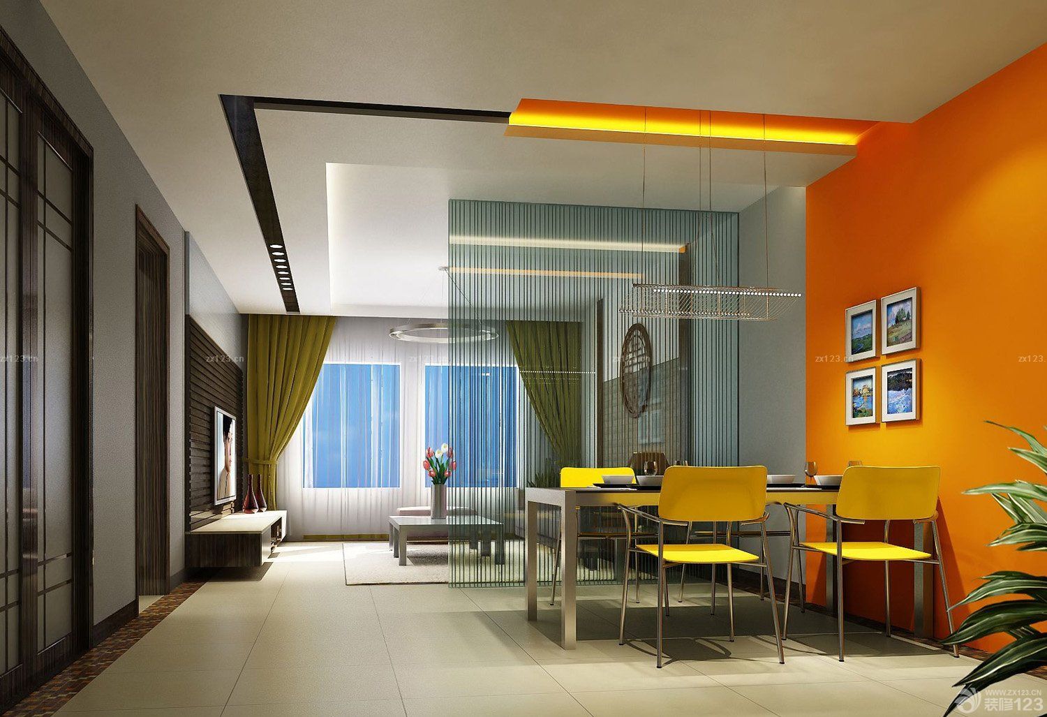 自建房室内客厅与餐厅隔断设计效果图