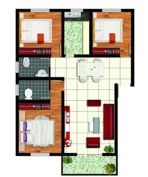 现代70平米小户型三室两厅设计平面图