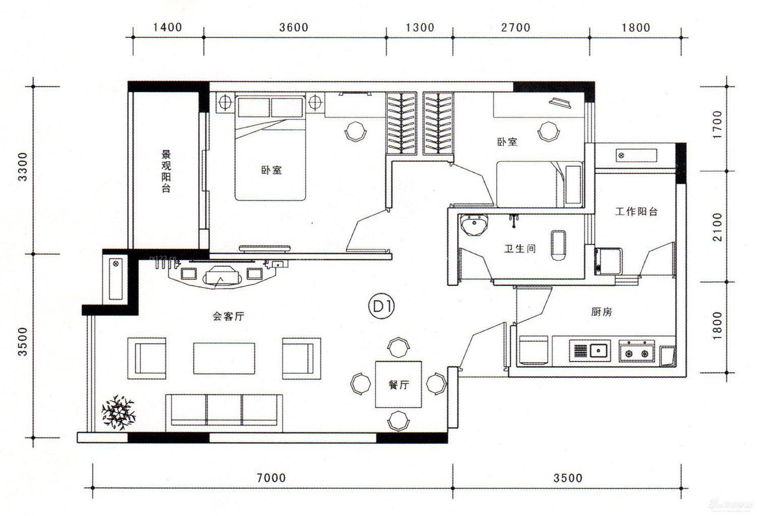 60平米两室一厅户型图