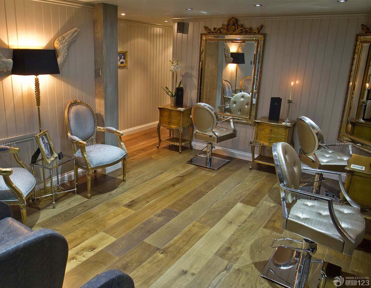 专业美发店室内原木地板装修效果图片