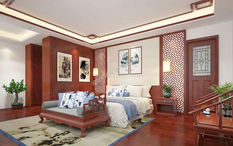 中式别墅卧室床尾凳装修效果图片