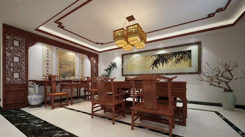 中式别墅书房效果图 2020书房背景墙设计效果图片