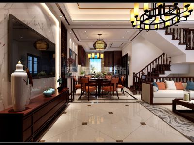 北祥腾麓源278平别墅新中式风格装修案例