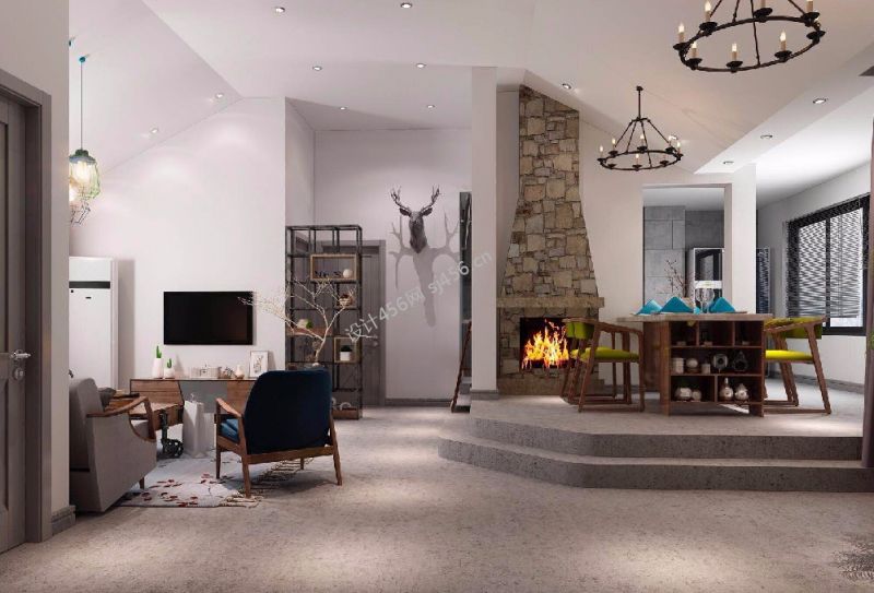 盛洋小区混搭风格125平餐厅壁炉设计效果图