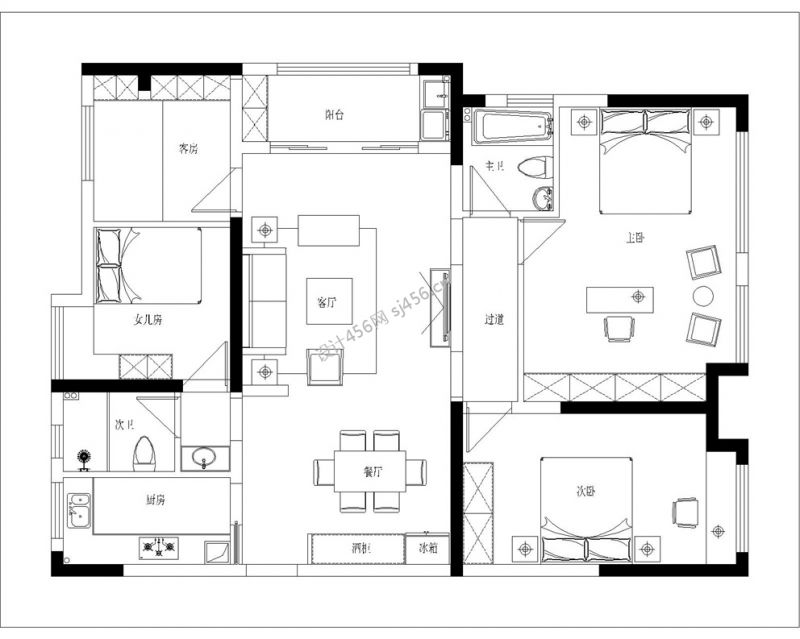 143平米欧式风格四居室户型图效果图