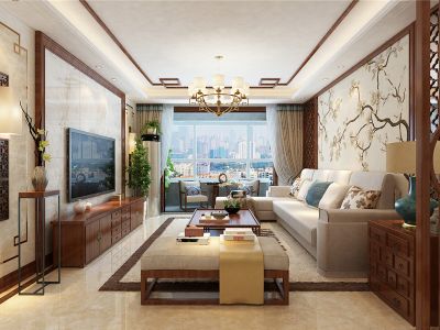 蠡湖人家新中式风格136平米三居室装修案例