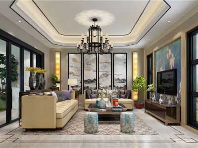 中天珺府别墅378平新中式风格装修案例