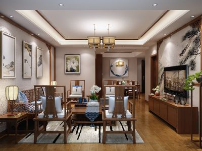 领世华府新中式风格120平米三居室装修案例