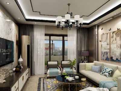 恒大城新中式风格126平米三居室装修效果图案例