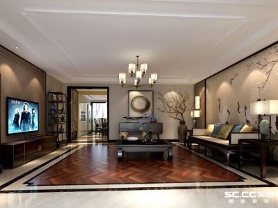 理想城新中式风格126平米三居室装修案例