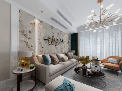 鸿通·翡翠城·紫金府轻奢风格132平米三居室装修效果图案例