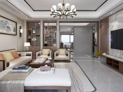 馨河怡景新中式风格119平米三居室装修效果图案例