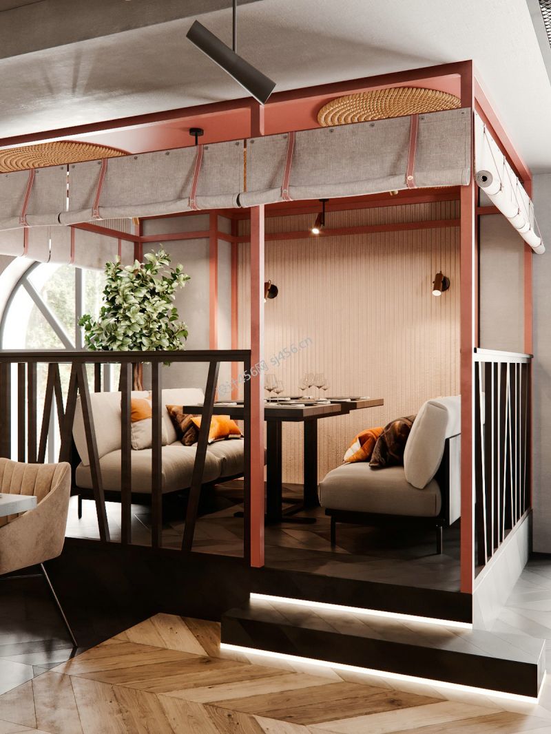 300平米自然北欧风浪漫餐厅卡座装修效果图