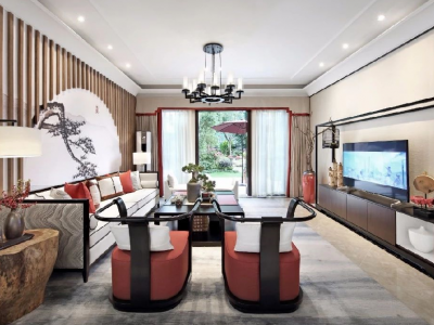 万科翡翠公园新中式风格320平米别墅装修案例