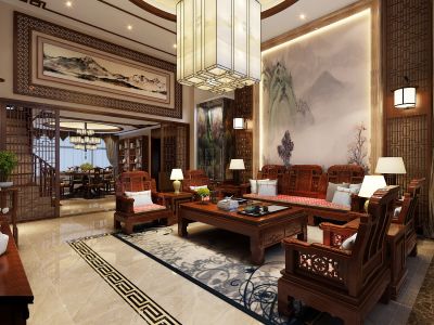 山河水中式风格200平米别墅装修案例