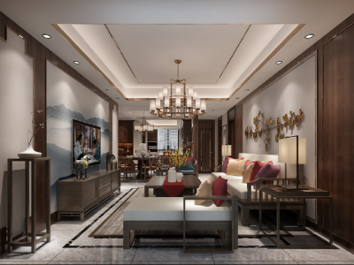 三江国际丽城130平米新中式风三居室装修案例