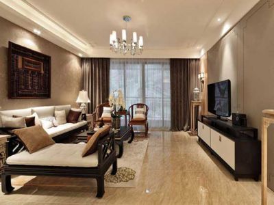 蔚蓝卡地亚花园城现代中式风格140平米三室两厅装修案例