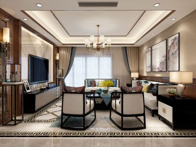 新城际广场新中式风格126平米三居室装修案例