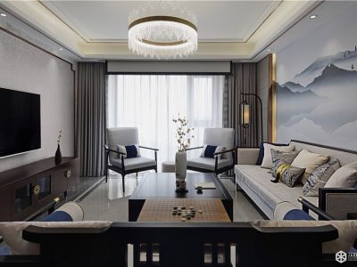 明发滨江新城90㎡二居室新中式风格装修案例