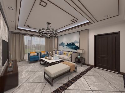 青松北里120平三居室新中式风格装修案例