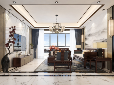 领秀城新中式风格126平米三居室装修案例