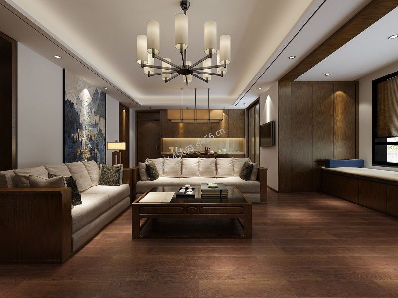 125㎡三居室新中式风格客厅装修效果图