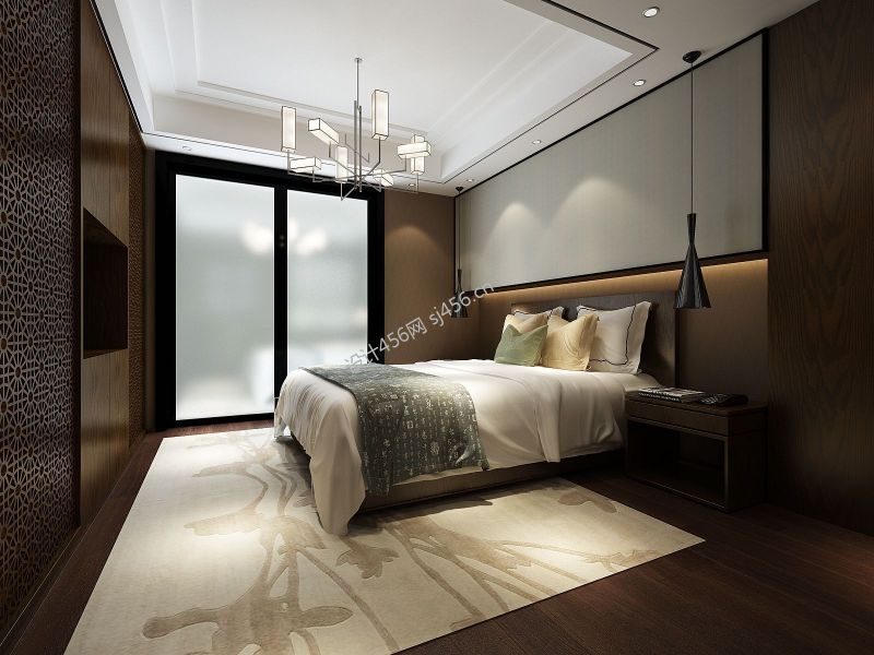 125㎡三居室新中式风格卧室吊顶装修效果图