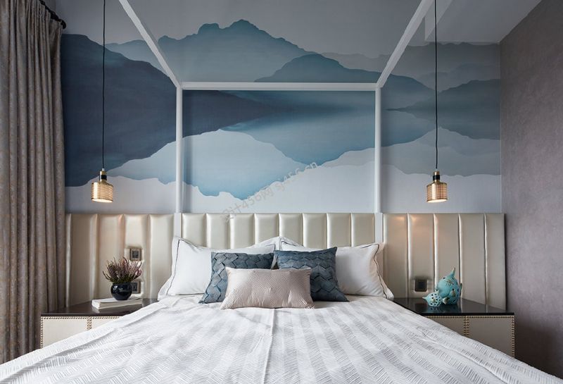 130平新中式三居室卧室背景墙装修图片