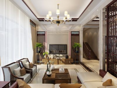 龙湾写意187平四居室新中式风格装修案例